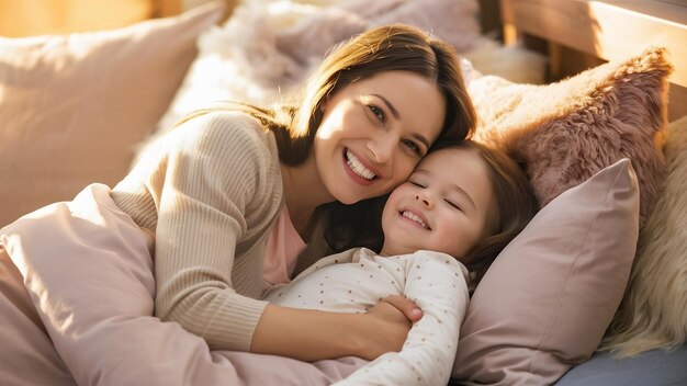 Foto cena familiar mãe e filha felizes numa cama