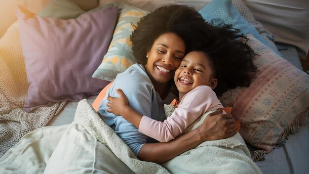 Foto cena familiar mãe e filha felizes numa cama