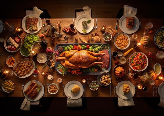 Cena familiar tradicional de Acción de Gracias servida en una mesa de madera desde arriba