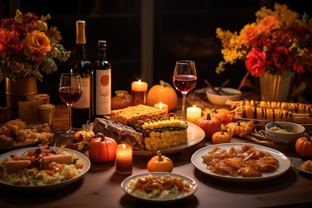 Cena festiva en la mesa de estilo rústico para el Día de Acción de Gracias.