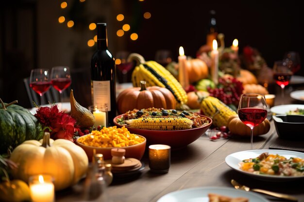 Cena festiva en la mesa de estilo rústico para el Día de Acción de Gracias.