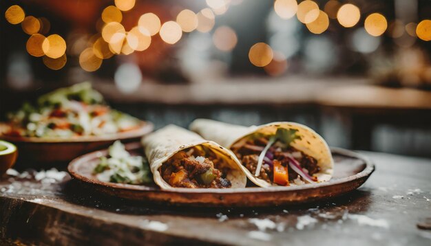 Cena de fiesta mexicana tortillas de pollo rellenas con pimienta dulce amarilla roja y verde con fondo bokeh
