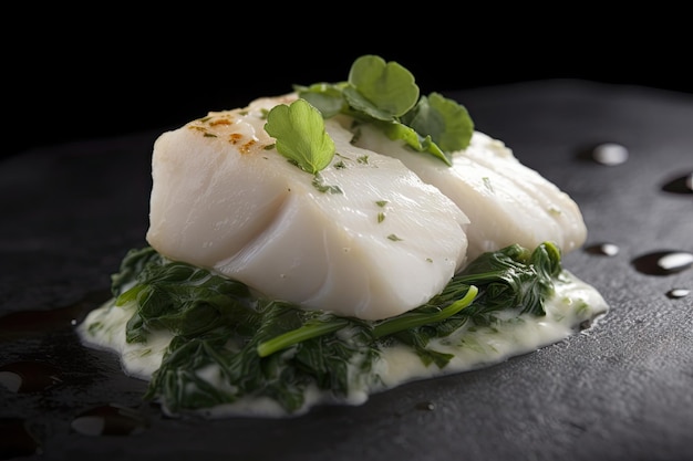 Cena de filete de pescado Mariscos saludables Carne de bacalao Piezo de carne de pescado blanco en fondo negro Ilustración generativa de IA