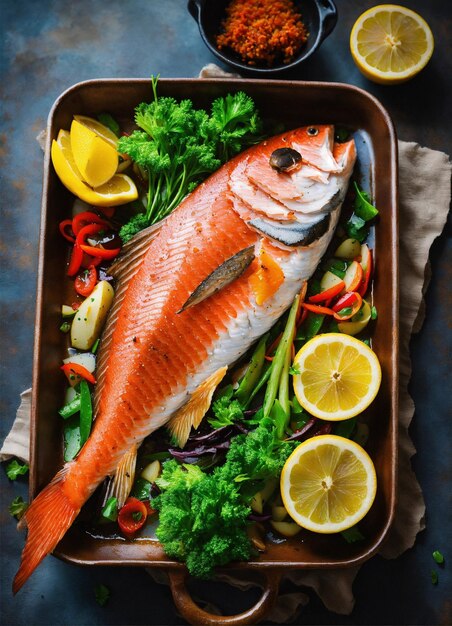 Foto cena fina de un gran plato de pescado al horno de papel