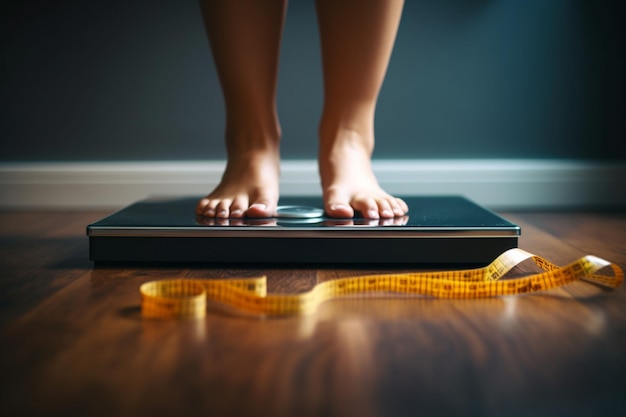 Foto cena focada na saúde pés de mulheres em balanças fita de medição em primeiro plano conceito de perda de peso