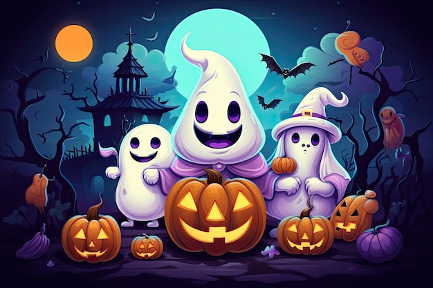 cena fofa de halloween com doce de bruxa fantasma lindo estilo de desenho animado generativo ai