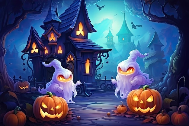 cena fofa de halloween com doce de bruxa fantasma lindo estilo de desenho animado generativo ai