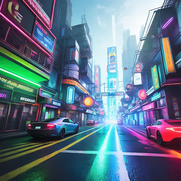 Cena futurista de jogo 3D surrealista fotorrealista neonlit com ilustração de carro esportivo