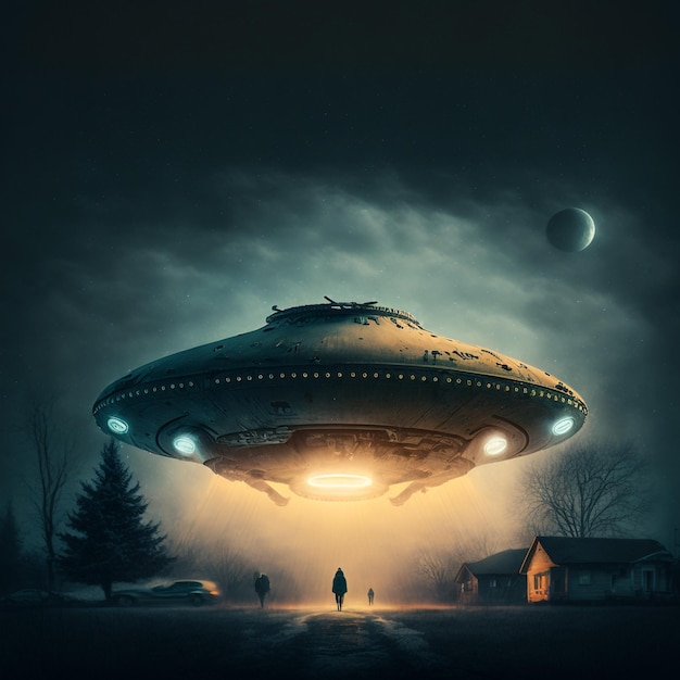 Cena generativa de ficção científica ai com nave alienígena