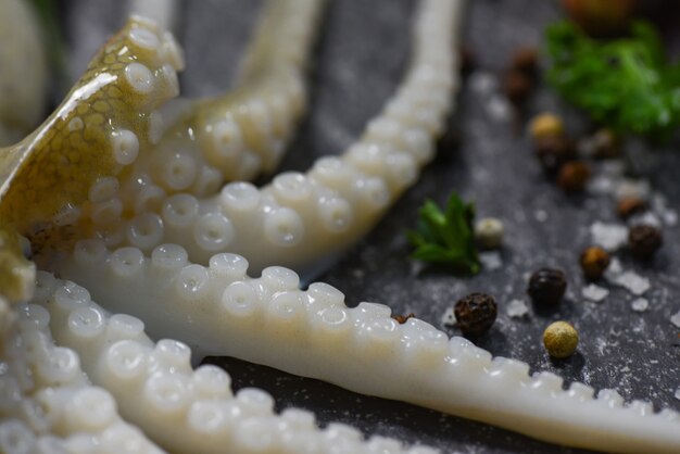 Cena gourmet marinera cruda de calamar fresco con hierbas y especias