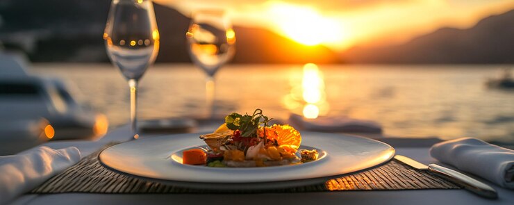 Cena gourmet servida en una terraza al atardecer junto al mar
