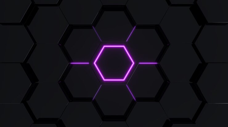 Foto cena hexagonal futurista abstrata preta com renderização 3d em luz roxa