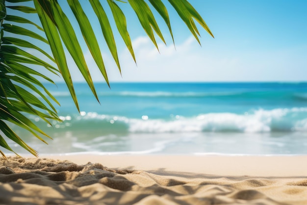cena idílica de praia de areia tropical com ondas de água azul e folha de palmeira
