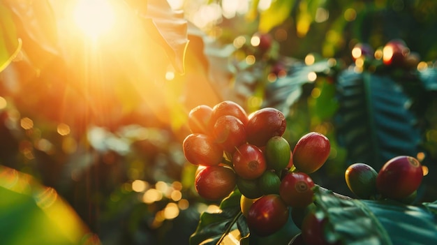 Cena iluminada pelo sol com grãos de café maduros na plantação foto profissional de cores ricas e brilhantes