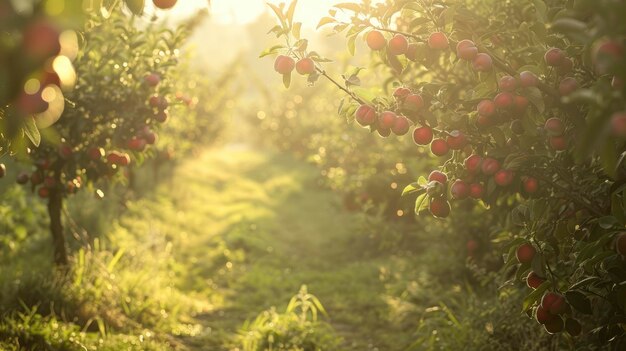 Cena iluminada pelo sol com vista para a plantação de ameixas com muitas ameixas de cores ricas e brilhantes