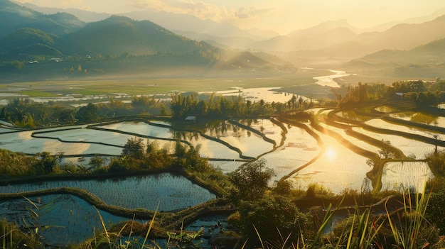 Cena iluminada pelo sol com vista para a plantação de arroz da China foto profissional de cores ricas e brilhantes