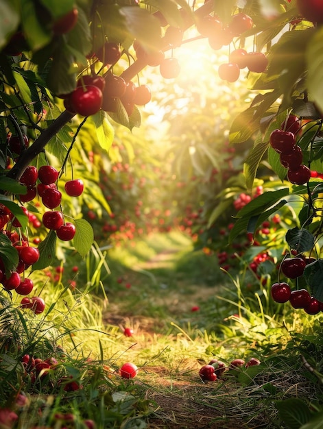 Cena iluminada pelo sol com vista para a plantação de cerejas com muitas cerejas de cores ricas e brilhantes