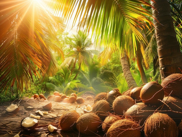 Cena iluminada pelo sol com vista para a plantação de cocos com muitos cocos de cores ricas e brilhantes