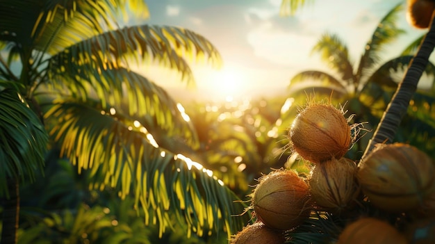 Cena iluminada pelo sol com vista para a plantação de cocos com muitos cocos de cores ricas e brilhantes