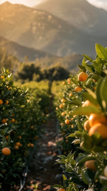 Cena iluminada pelo sol com vista para a plantação de laranjas com muitas laranjas de cor brilhante e rica