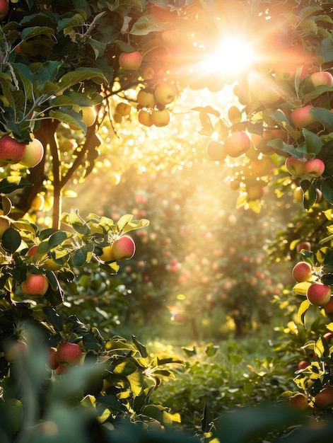 Cena iluminada pelo sol com vista para a plantação de maçãs com muitas maçãs de cores ricas e brilhantes