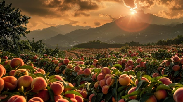 Cena iluminada pelo sol com vista para a plantação de pêssegos com muitos pêssegos de cores ricas e brilhantes
