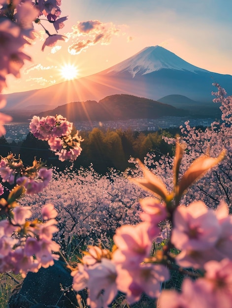 Cena iluminada pelo sol com vista para a plantação de sakura com muitas flores vulcão Fuji no fundo