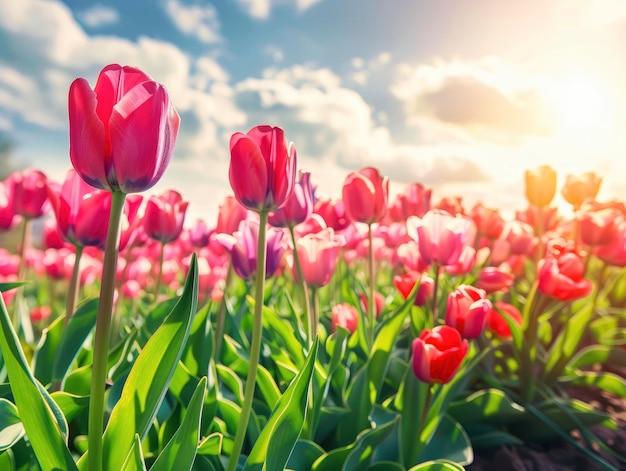 Cena iluminada pelo sol com vista para a plantação de tulipas com muitas tulipas de cores ricas e brilhantes