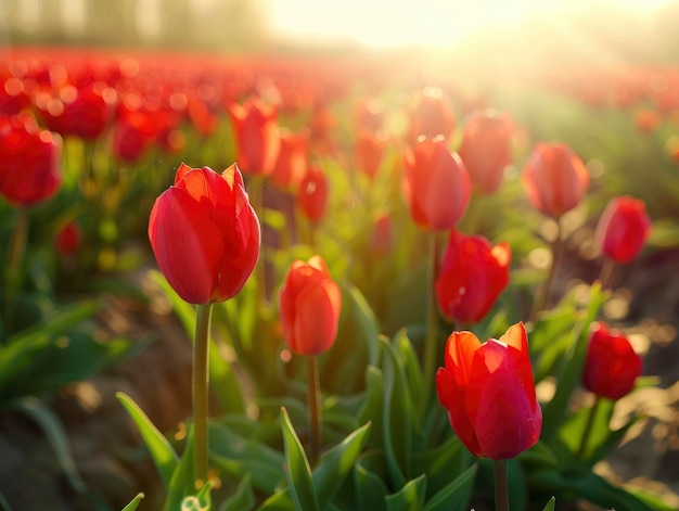 Cena iluminada pelo sol com vista para a plantação de tulipas com muitas tulipas de cores ricas e brilhantes
