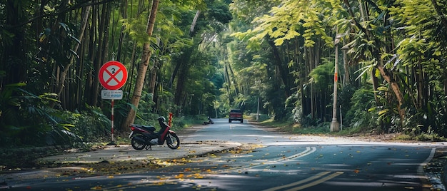 Cena incomum em Ratchaburi Motocicleta estacionada em sinal de trânsito vermelho em um cenário de floresta exuberante