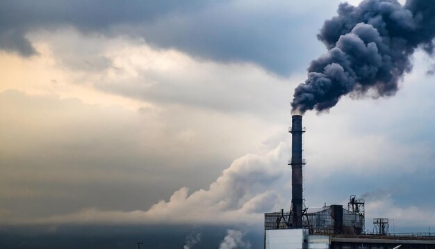 cena industrial com fumaça preta saindo da chaminé da fábrica simbolizando o dano ambiental gl