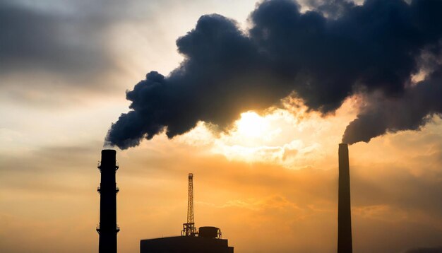 cena industrial com fumaça preta saindo da chaminé da fábrica simbolizando o dano ambiental gl
