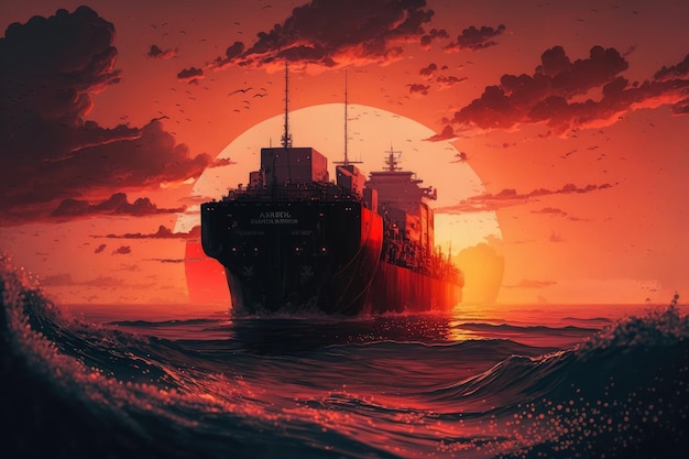 Cena inspiradora do pôr do sol com um navio de carga