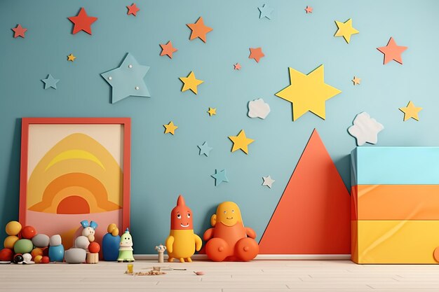 Foto cena interior animada e lúdica de um quarto de crianças com uma moldura de maquete generative ai
