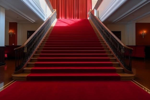 Cena interior das escadas do hotel cobertas com tapete vermelho generativo ai