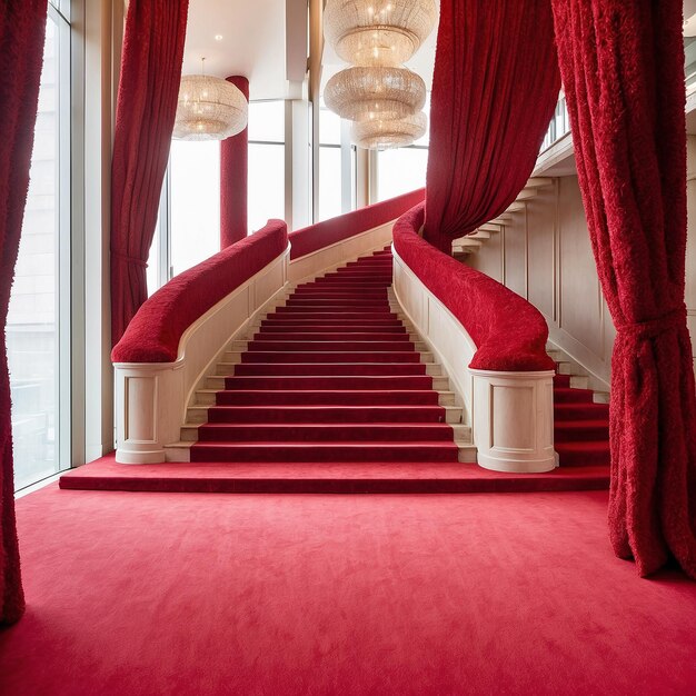 cena interior de foto de escadas de hotel cobertas com tapete vermelho