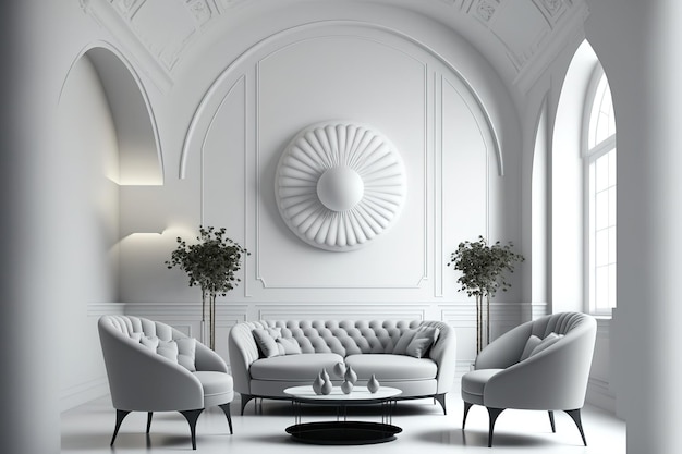 Cena interior e sofá moderno de maquete e cadeiras em uma sala de estar com teto circular e parede branca