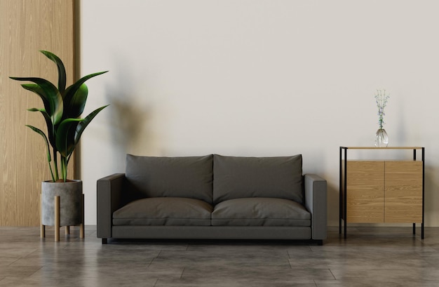 Cena interior minimalista com piso de gesso e sofá