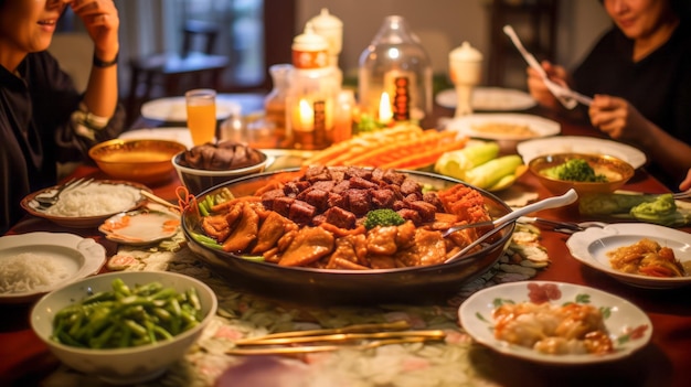 Cena íntima en familia con platos tradicionales chinos