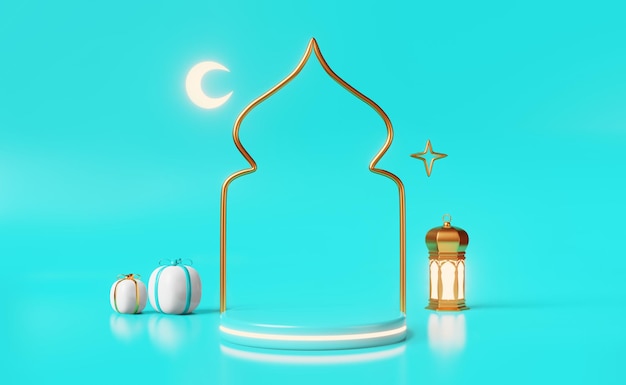 Cena islâmica do pódio para renderização 3d de publicidade de produtos Ramadan Eid al Adha Raya Hari Mawlid modelo de venda de férias
