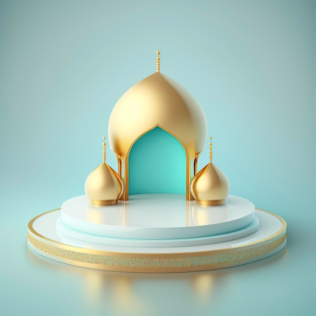 Cena islâmica do Ramadã com palco de mesquita realista 3d dourado e pódio para apresentação do produto