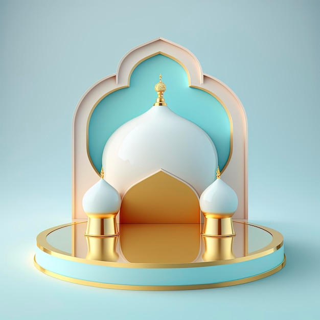 Cena islâmica do Ramadã com palco de mesquita realista 3d dourado e pódio para apresentação do produto