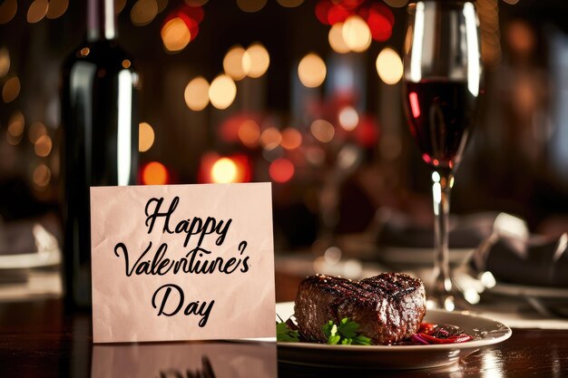 Foto cena lujosa de carne y vino para el día de san valentín en el restaurante pragma