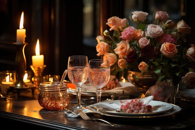 Cena a la luz de las velas escena romántica platos elegantes e intimidad generativa IA