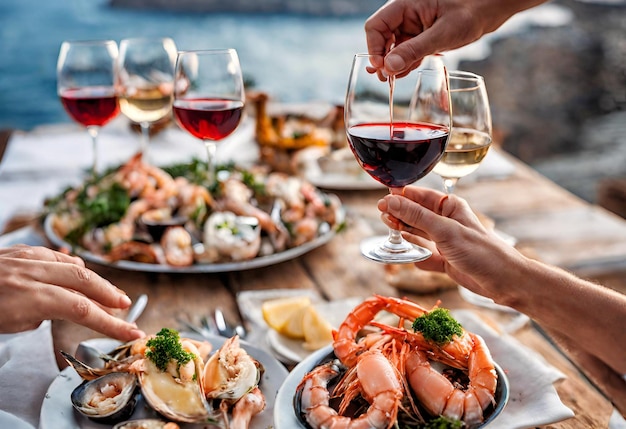 Cena de mariscos con vista al mar copas de vino