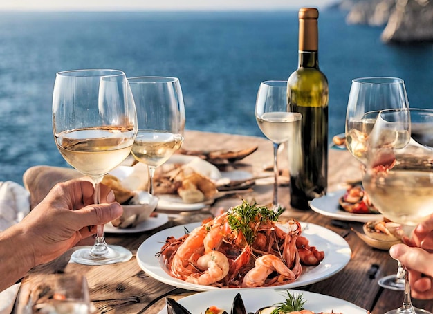 Cena de mariscos con vista al mar copas de vino