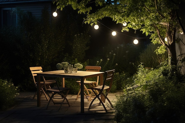 Una cena con mesa y sillas en un jardín por la noche.