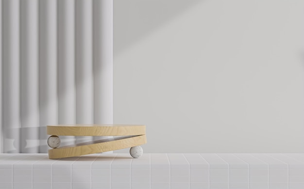 Cena mínima abstrata com formas geométricas Palco de pódio de madeira cilíndrica em fundo branco para mostrar a apresentação cosmética do produto simulado ilustração de renderização 3d