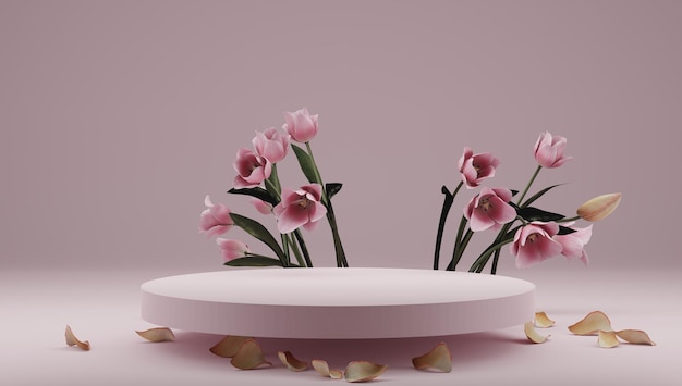 Cena mínima abstrata com formas geométricas. pódio em cores de fundo com flores. apresentação do produto, mock-up, display cosmético, pódio, pedestal de palco ou plataforma. Renderização 3D.