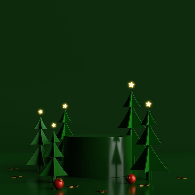 Cena mínima com pódio do cilindro verde e pinheiros em fundo verde da meia-noite. feliz natal e feliz ano novo ilustração de renderização de presentation.3d.
